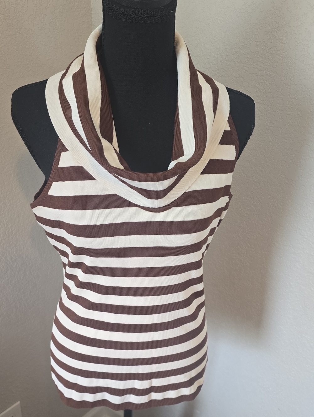 INC International Concepts Brown & Cream Striped Cowl Neck Sleeveless Sweater